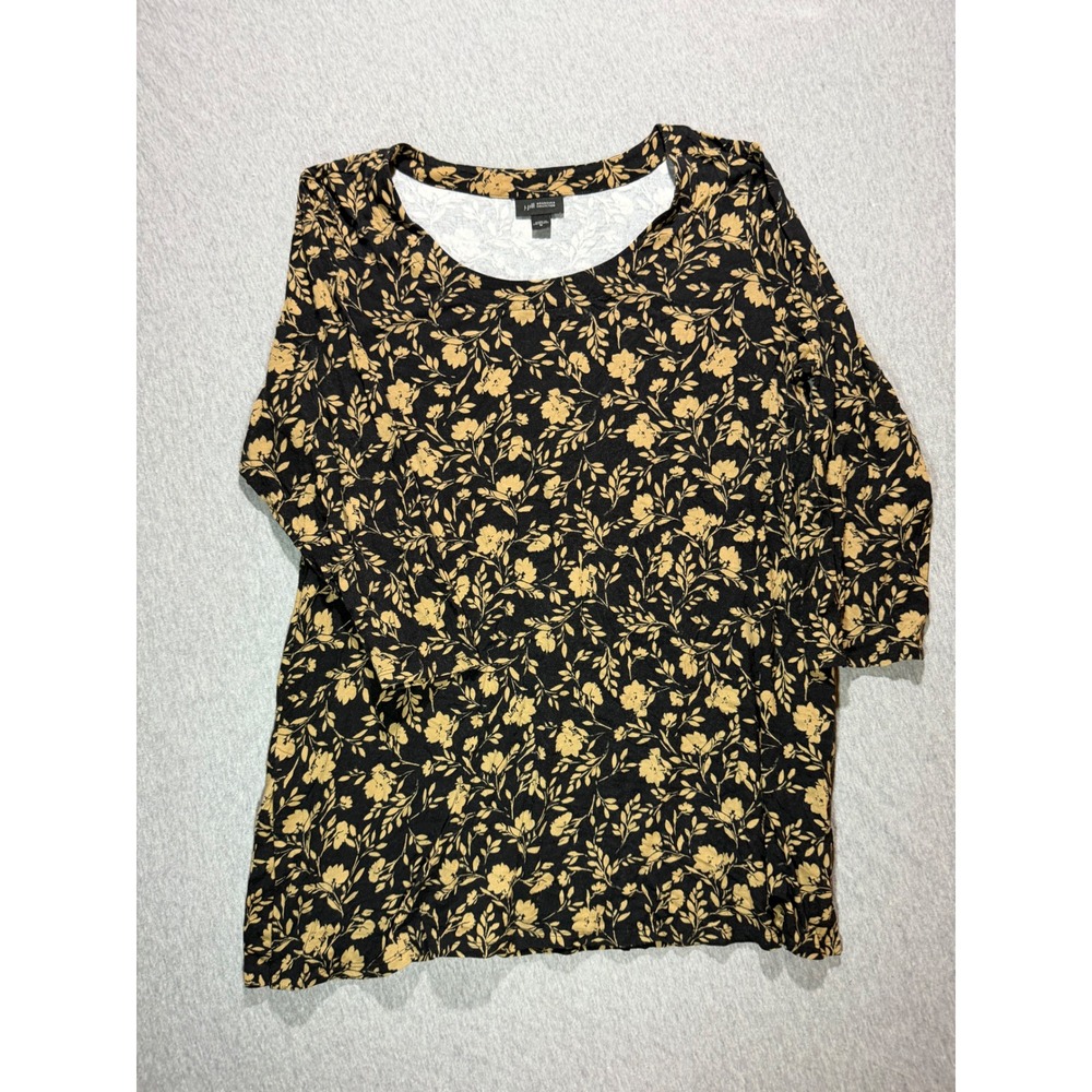 J. Jill Wearever Floral Scoop Neck 3/4 Sleeve Top Black Gold Medium KTP218991